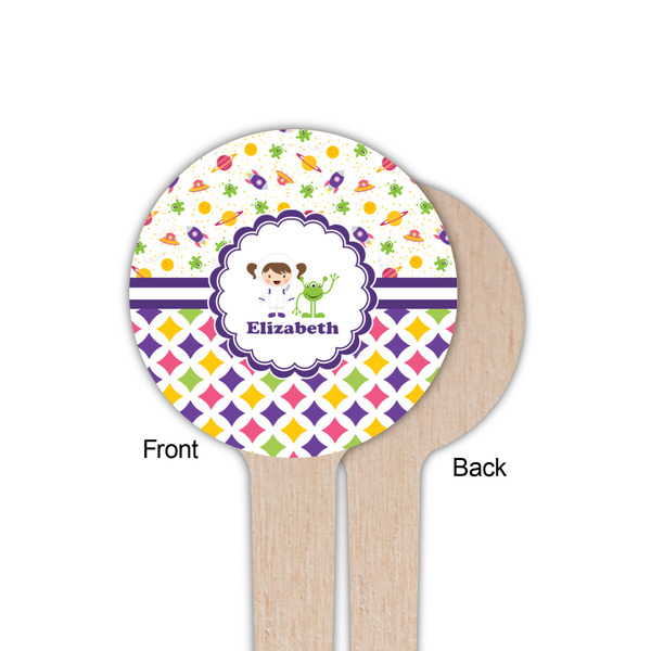 Girl's Space & Geometric Print Wooden 4" Food Pick - Round - Single Sided - Front & Back