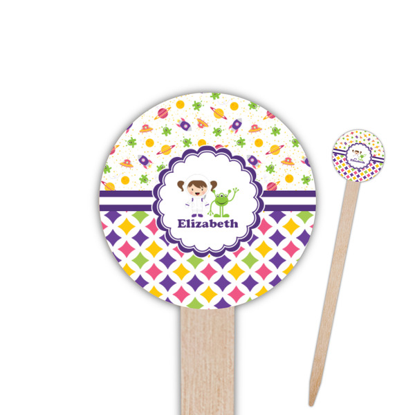 Custom Girl's Space & Geometric Print Round Wooden Food Picks (Personalized)