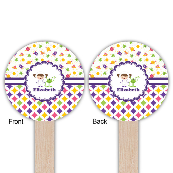 Girl's Space & Geometric Print Wooden 6" Food Pick - Round - Double Sided - Front & Back