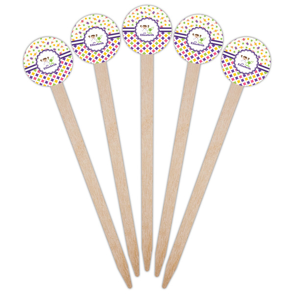 Girl's Space & Geometric Print Wooden 6" Food Pick - Round - Fan View