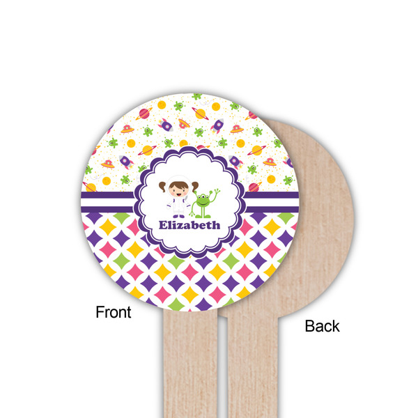 Girl's Space & Geometric Print Wooden 6" Food Pick - Round - Single Sided - Front & Back