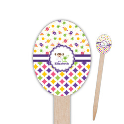 Girl's Space & Geometric Print Oval Wooden Food Picks - Single Sided (Personalized)