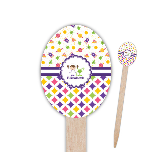 Custom Girl's Space & Geometric Print Oval Wooden Food Picks - Double Sided (Personalized)