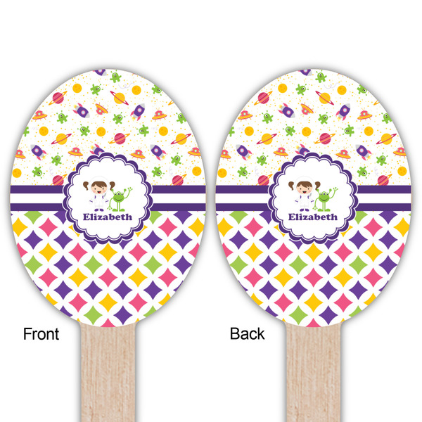 Girl's Space & Geometric Print Wooden Food Pick - Oval - Double Sided - Front & Back