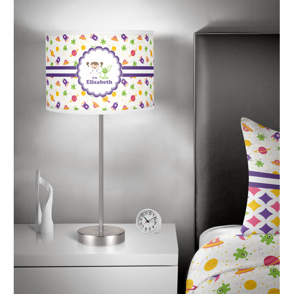Girls Space Themed 13 inch drum lamp shade - in room