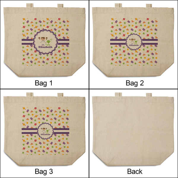 Girls Space Themed 3 Reusable Cotton Grocery Bags - Front & Back View