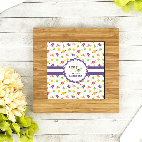 Girls Space Themed Bamboo Trivet with 6" Tile - LIFESTYLE