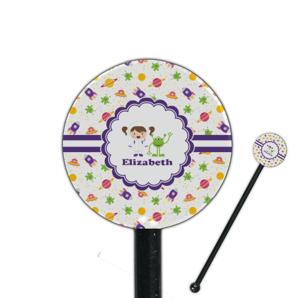 Custom Girls Space Themed 5.5" Round Plastic Stir Sticks - Black - Single Sided (Personalized)