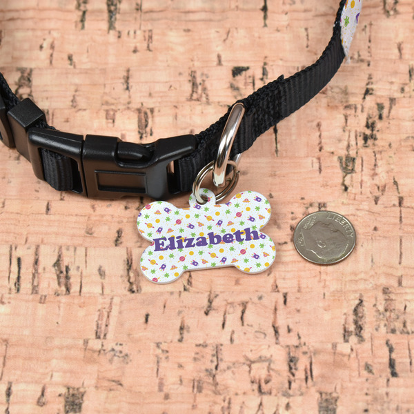 Girls Space Themed Bone Shaped Dog ID Tag - Small - In Context