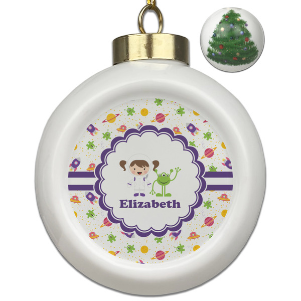 Custom Girls Space Themed Ceramic Ball Ornament - Christmas Tree (Personalized)