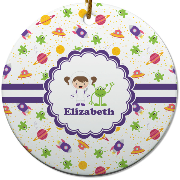 Custom Girls Space Themed Round Ceramic Ornament w/ Name or Text