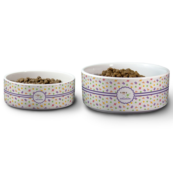 Girls Space Themed Ceramic Dog Bowls - Size Comparison