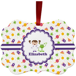 Girls Space Themed Metal Frame Ornament - Double Sided w/ Name or Text