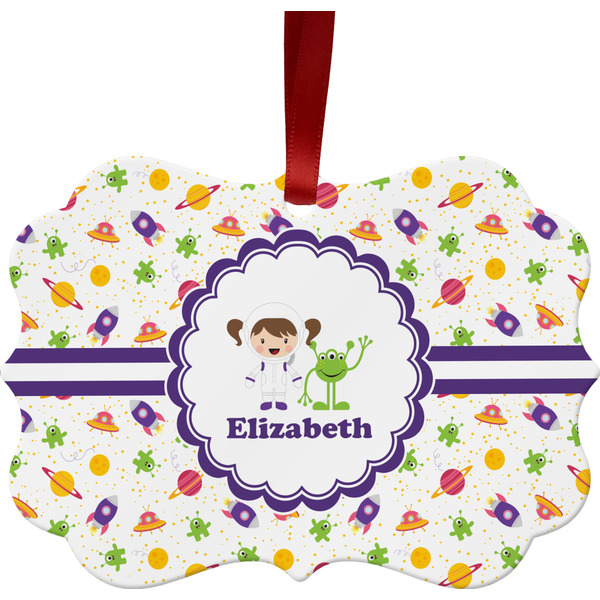 Custom Girls Space Themed Metal Frame Ornament - Double Sided w/ Name or Text