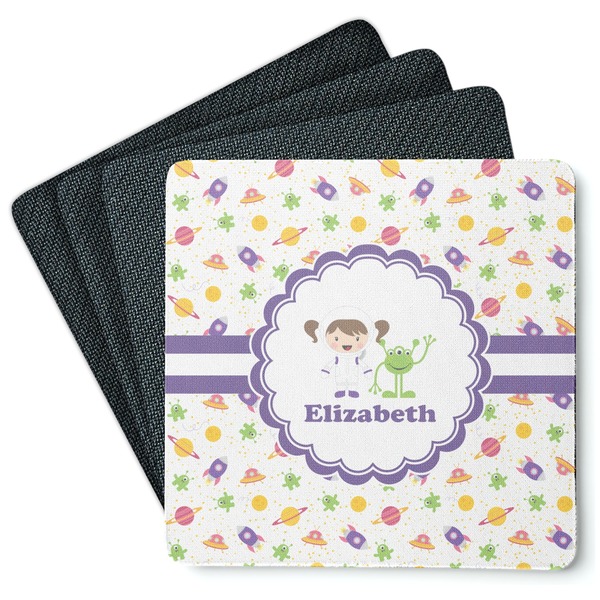 Custom Girls Space Themed Square Rubber Backed Coasters - Set of 4 (Personalized)