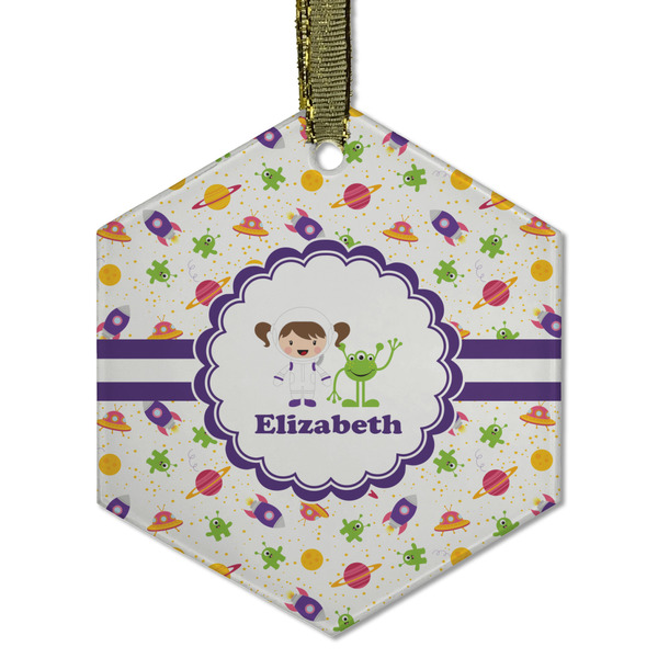 Girls Space Themed Frosted Glass Ornament - Hexagon