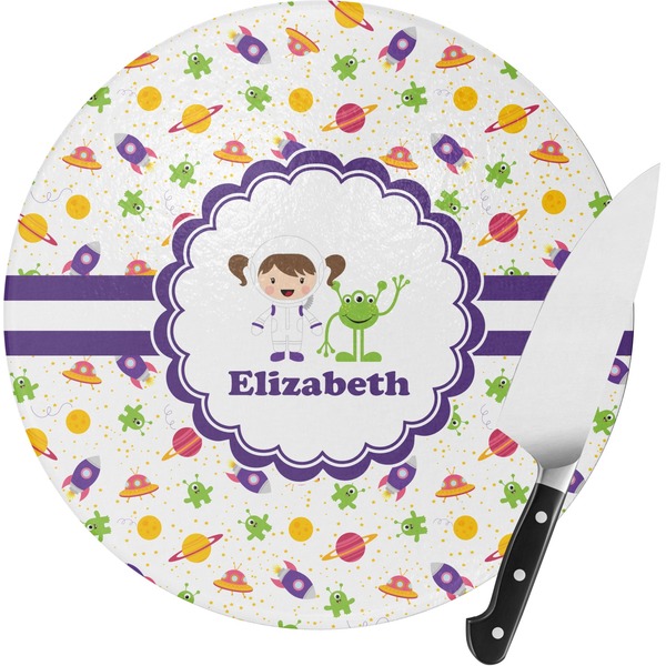 Custom Girls Space Themed Round Glass Cutting Board - Medium (Personalized)