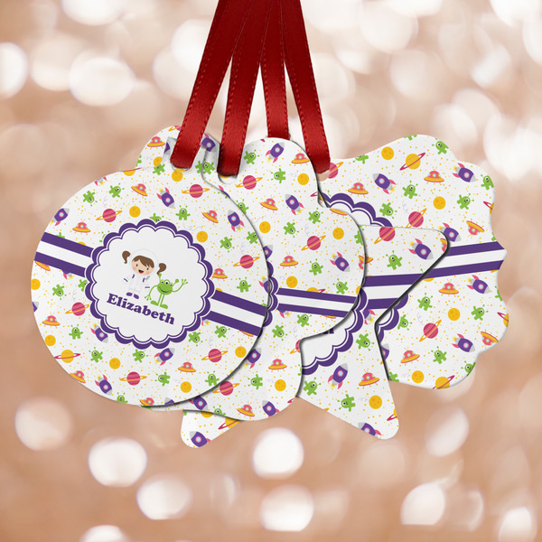 Custom Girls Space Themed Metal Ornaments - Double Sided w/ Name or Text