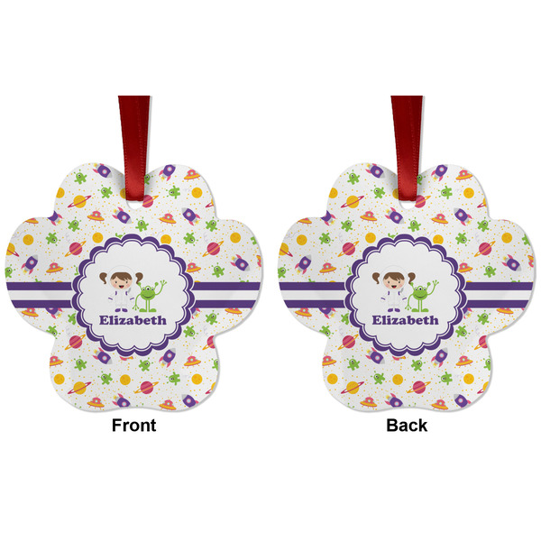Girls Space Themed Metal Paw Ornament - Front and Back