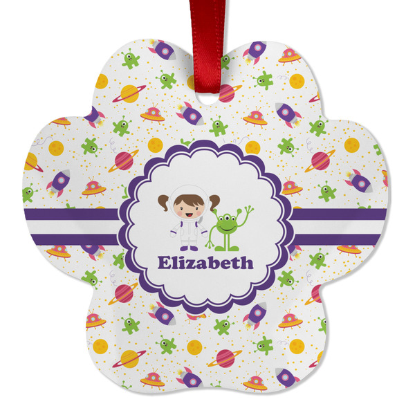 Custom Girls Space Themed Metal Paw Ornament - Double Sided w/ Name or Text