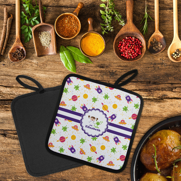 Girls Space Themed Neoprene Pot Holder - Set of 2  LIFESTYLE (Flatlay)