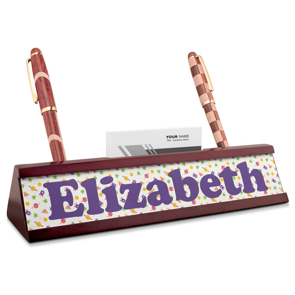 Custom Girls Space Themed Red Mahogany Nameplate with Business Card Holder (Personalized)