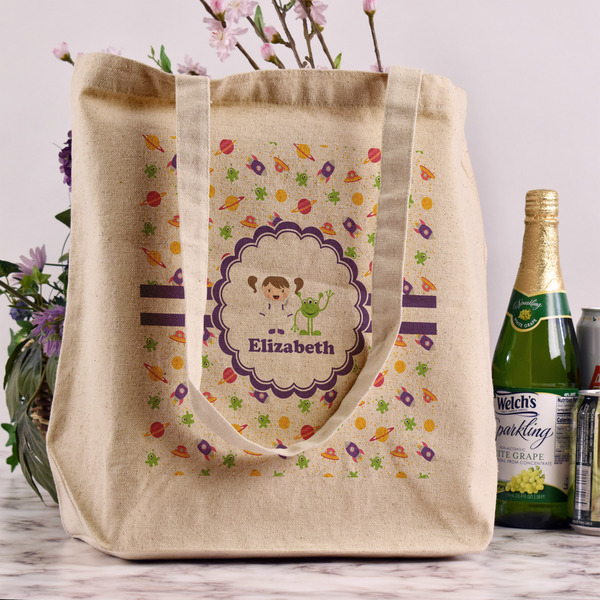 Girls Space Themed Reusable Cotton Grocery Bag - In Context