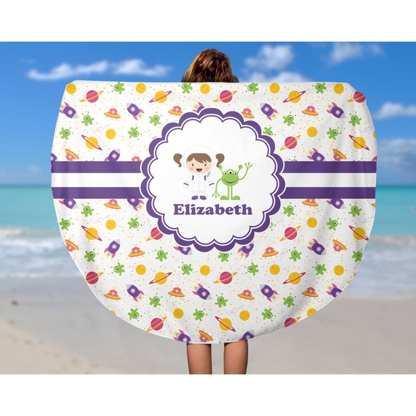 Girls Space Themed Round Beach Towel - In Use