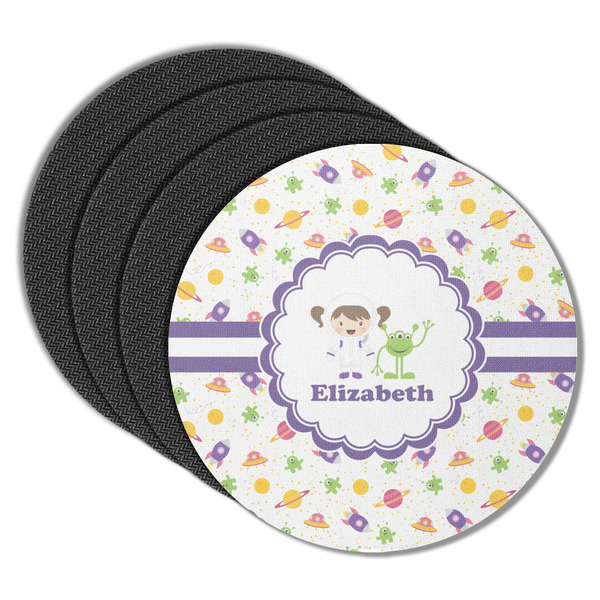 Custom Girls Space Themed Round Rubber Backed Coasters - Set of 4 (Personalized)