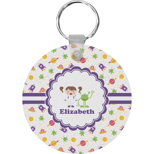 Custom Girls Space Themed Round Plastic Keychain (Personalized)
