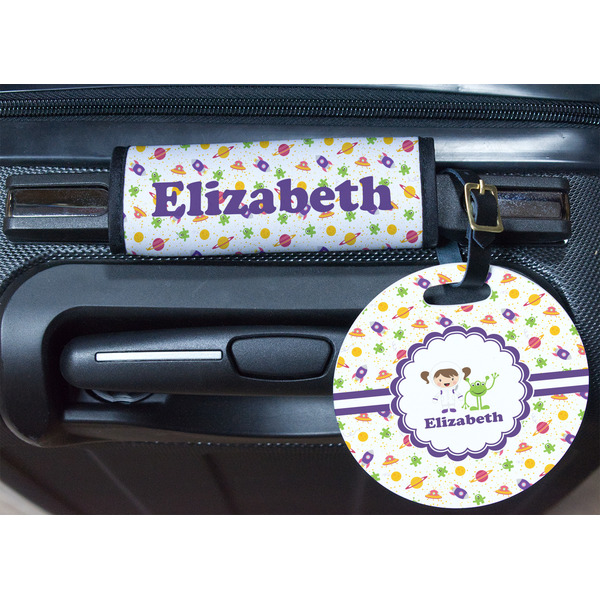 Girls Space Themed Round Luggage Tag & Handle Wrap - In Context