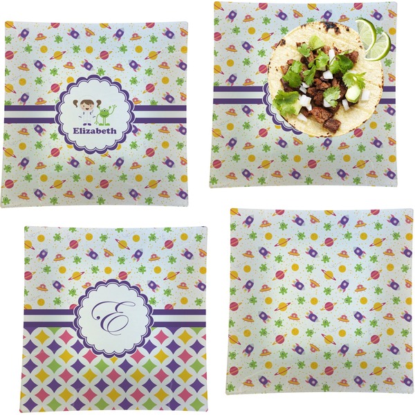 Custom Girls Space Themed Set of 4 Glass Square Lunch / Dinner Plate 9.5" (Personalized)