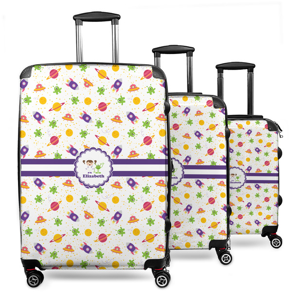 Custom Girls Space Themed 3 Piece Luggage Set - 20" Carry On, 24" Medium Checked, 28" Large Checked (Personalized)