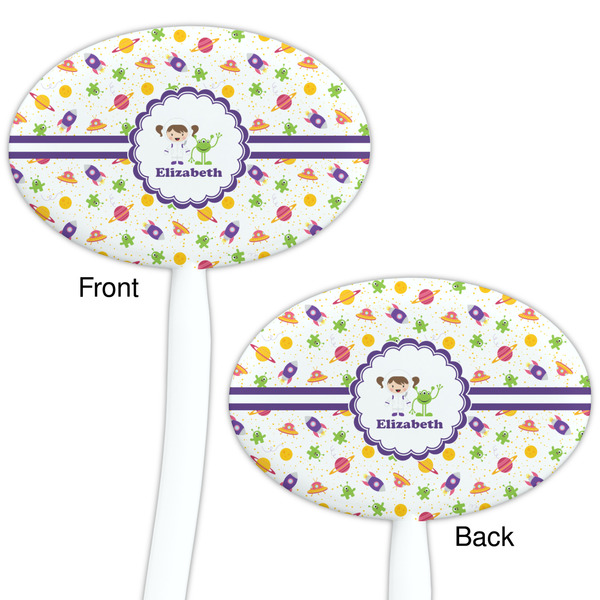 Girls Space Themed White Plastic 7" Stir Stick - Double Sided - Oval - Front & Back