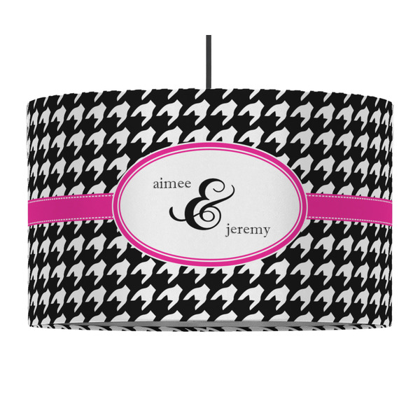 Custom Houndstooth w/Pink Accent 12" Drum Pendant Lamp - Fabric (Personalized)