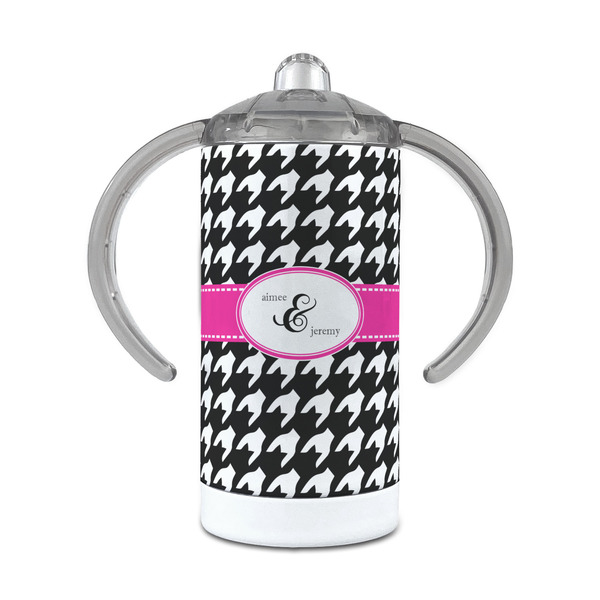 Custom Houndstooth w/Pink Accent 12 oz Stainless Steel Sippy Cup (Personalized)