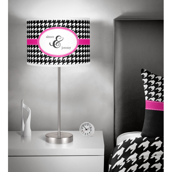 Houndstooth w/Pink Accent 13 inch drum lamp shade - in room