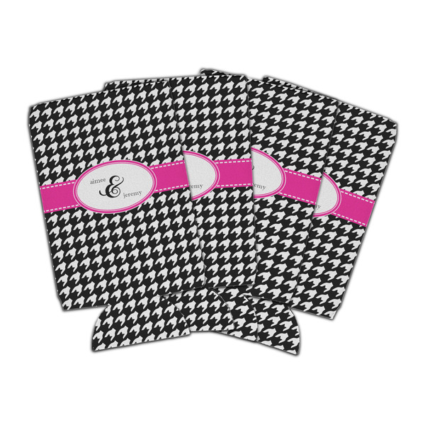 Custom Houndstooth w/Pink Accent Can Cooler (16 oz) - Set of 4 (Personalized)