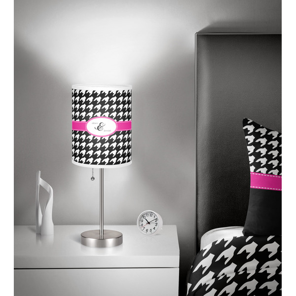 Houndstooth w/Pink Accent 7 inch drum lamp shade - in room