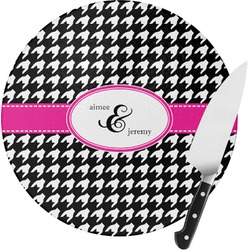 Houndstooth w/Pink Accent Round Glass Cutting Board - Small (Personalized)