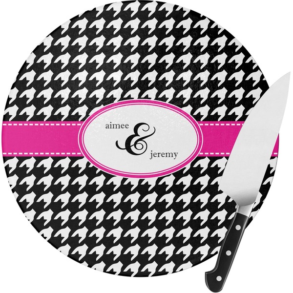 Custom Houndstooth w/Pink Accent Round Glass Cutting Board - Small (Personalized)