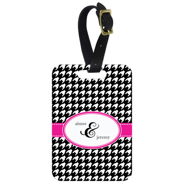 Custom Houndstooth w/Pink Accent Metal Luggage Tag w/ Couple's Names