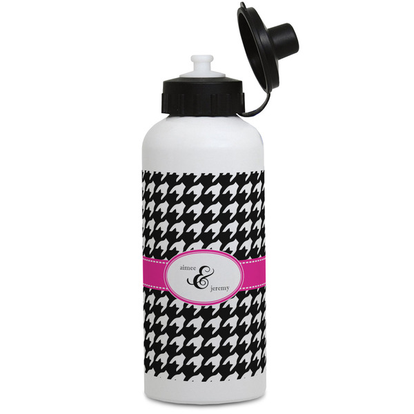 Custom Houndstooth w/Pink Accent Water Bottles - Aluminum - 20 oz - White (Personalized)