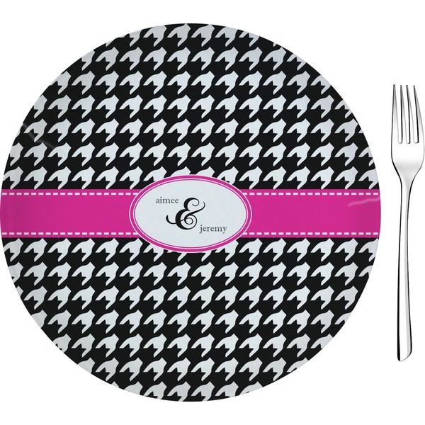 Custom Houndstooth w/Pink Accent 8" Glass Appetizer / Dessert Plates - Single or Set (Personalized)
