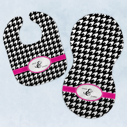 Houndstooth w/Pink Accent Baby Bib & Burp Set w/ Couple's Names