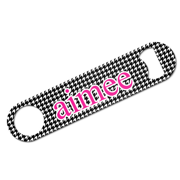 Custom Houndstooth w/Pink Accent Bar Bottle Opener - White w/ Couple's Names