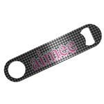 Houndstooth w/Pink Accent Bar Bottle Opener - Silver w/ Couple's Names