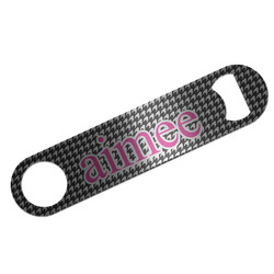 Houndstooth w/Pink Accent Bar Bottle Opener - Silver w/ Couple's Names