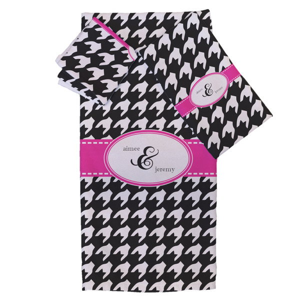 Custom Houndstooth w/Pink Accent Bath Towel Set - 3 Pcs (Personalized)