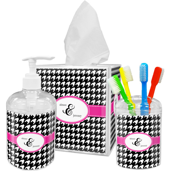 Custom Houndstooth w/Pink Accent Acrylic Bathroom Accessories Set w/ Couple's Names